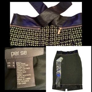 PER SE Wool Blend and Leather Pencil Skirt. Green and black SIZE 4 NEW